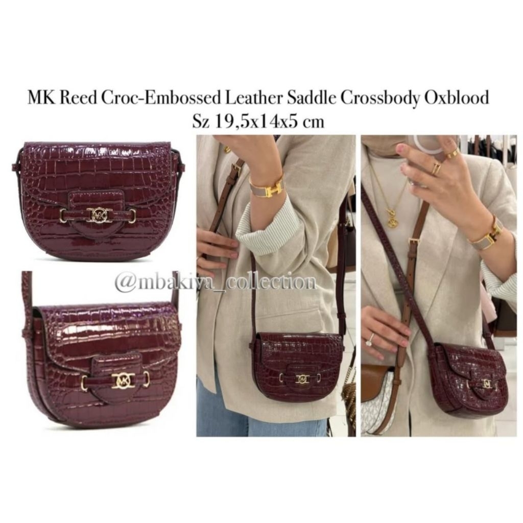 MK Reed Croc-Embossed Leather Saddle Crossbody Oxblood