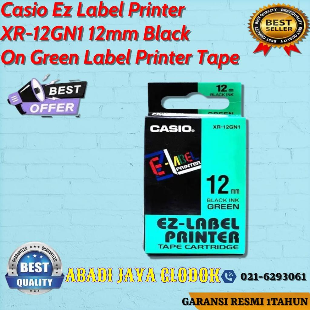 

Casio Ez Label Printer XR-12GN1 12mm Black On Green Label Printer Tape