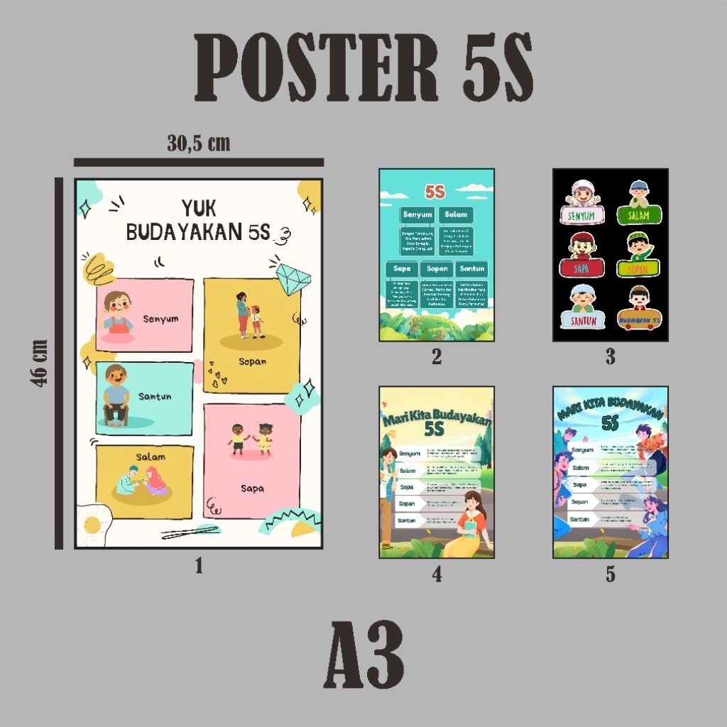 Poster 5S, 5R, 4 Kata Ajaib, Tata Surya, Gizi Seimbang & Bendera Dunia, DLL(A3)