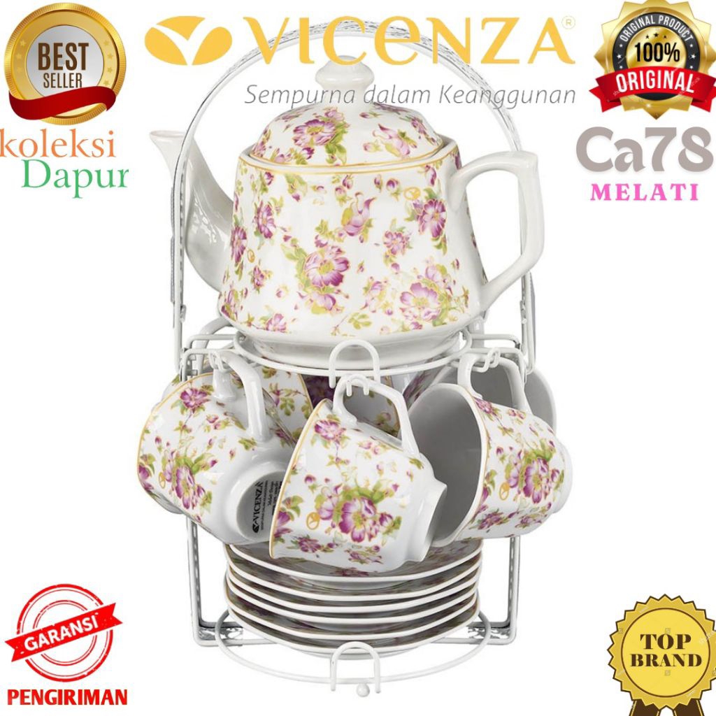 Perlengkapan Minum Teh VICENZA Ca78 tea set MELATI dengan 6 pcs Cangkir Melati, 1 Teko Vicenza serta