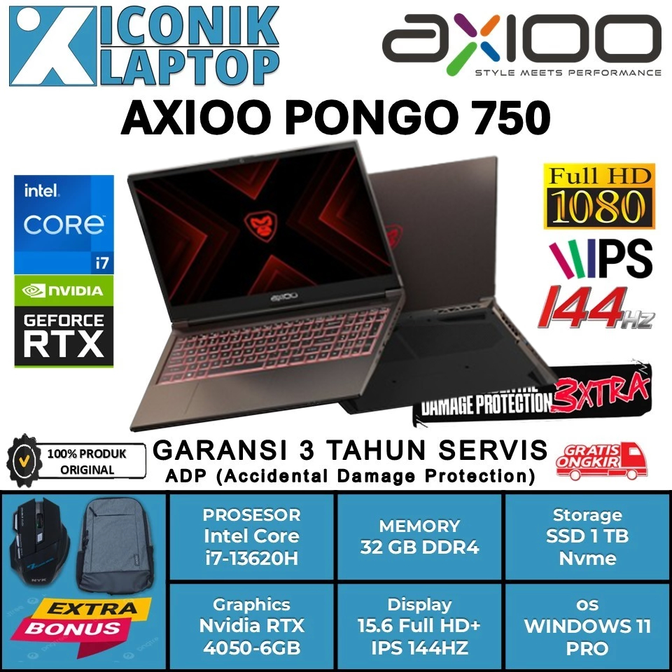 Laptop Gaming Axioo PONGO 750 Intel Core i7 13620H Nvidia RTX 4050-6GB Ram 32 GB Garansi Resmi