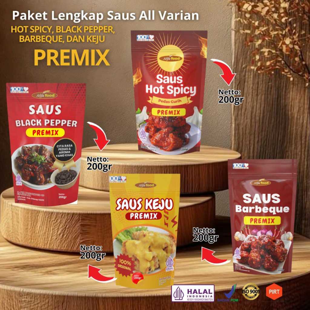 

Paket Saus Premix Bubuk Premium-Saus Keju-Saus Barbaque-Saus Blackpaper-Saus Hot Spicy-Halal