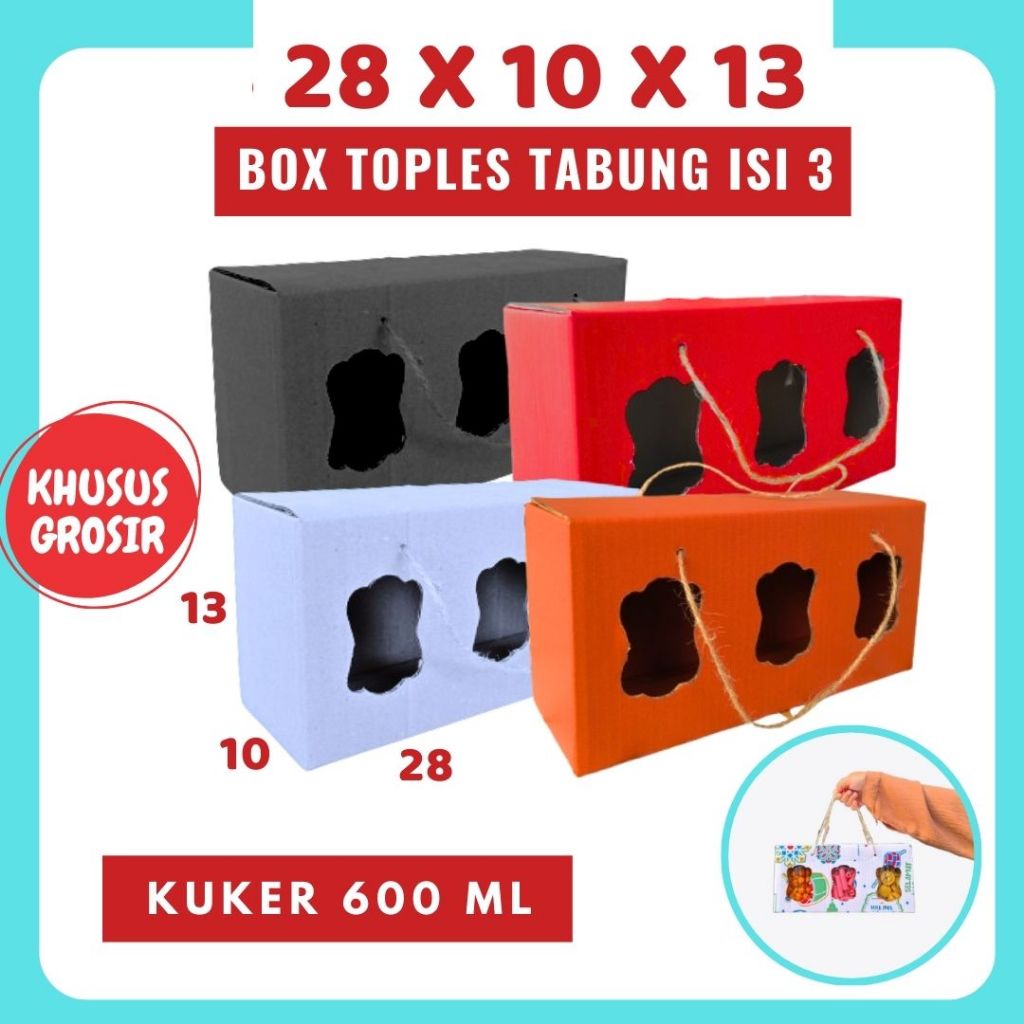

Box Jinjing Kuker Isi 3 28x10x13 Jinjing Jar (KUKER TOPLES JAR 600ml Isi 3) Box Jinjing Tali Kardus Lebaran Idul Fitri Hampers Polos/Motif
