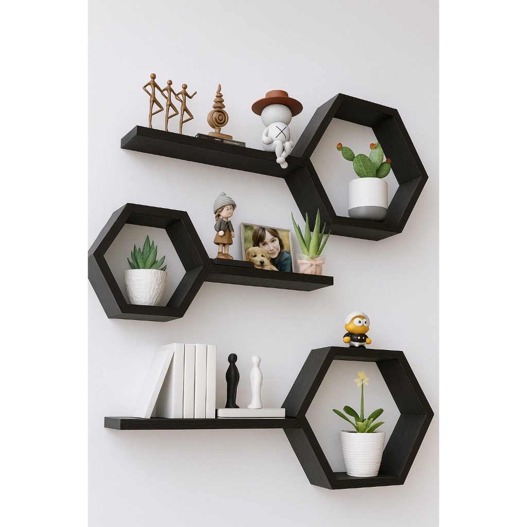 Rak Dinding Hexagonal | Hiasan Dinding Kayu | Rak Kayu Aesthetic | Rak Pajangan Dinding | Rak Ambala
