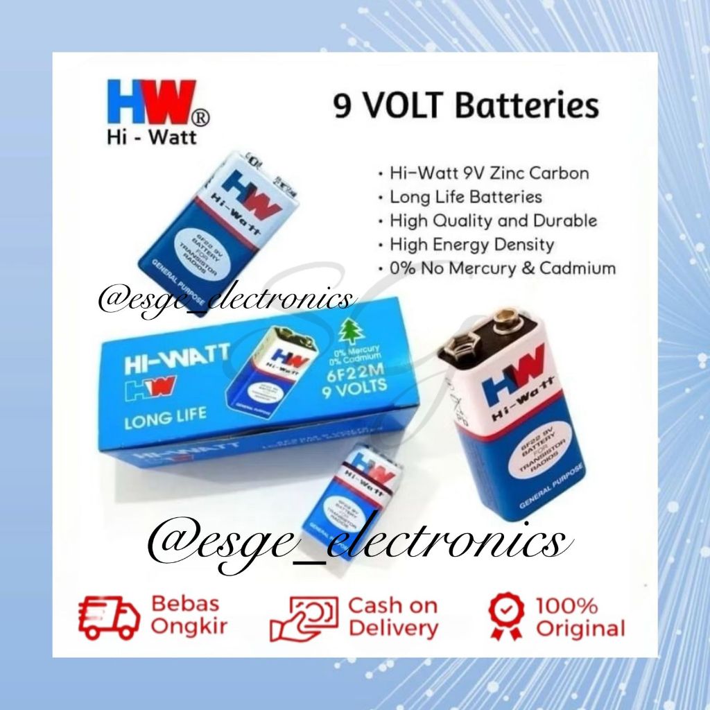 ORIGINAL BATERAI 9VOLT HW KOTAK PETAK 9 VOLT HI-WATT HIWATT BATTER BATRE 9V