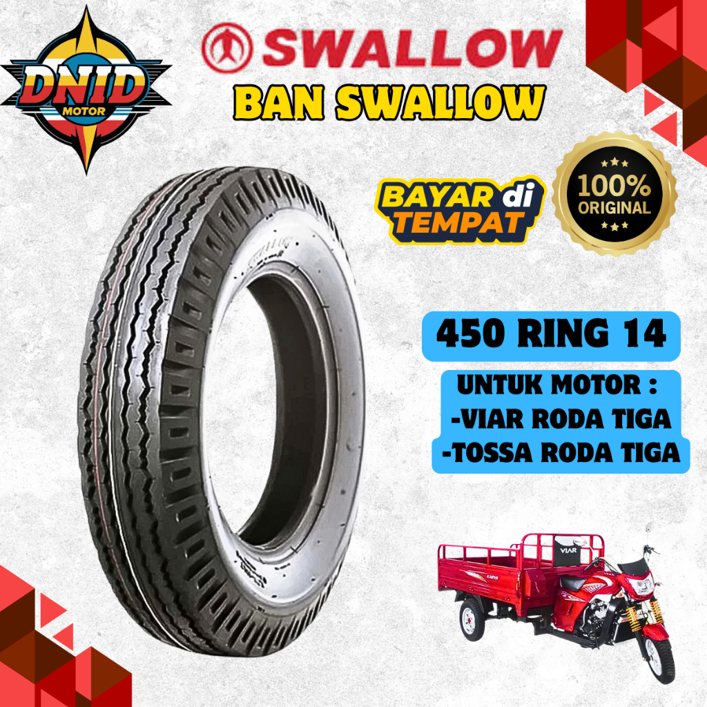 BAN MOTOR RODA 3 / VIAR RODA 3 / TOSA RODA 3 SWALLOW UKURAN 450 RING 12 ORIGINAL BERGARANSI