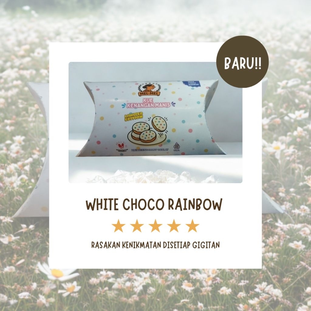 

MelMel White Choco Rainbow – Kue Kering Coklat Putih Warna Warni Renyah Manis