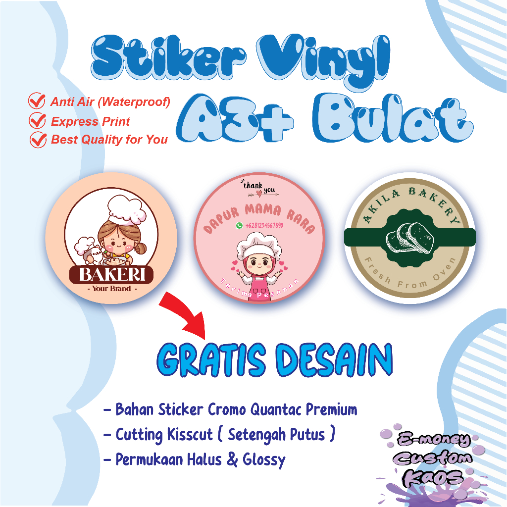 

Cetak Stiker Makanan Vinyl Anti Air A3+ Custom Label Logo Usaha Free Design Cutting Kiss Cut