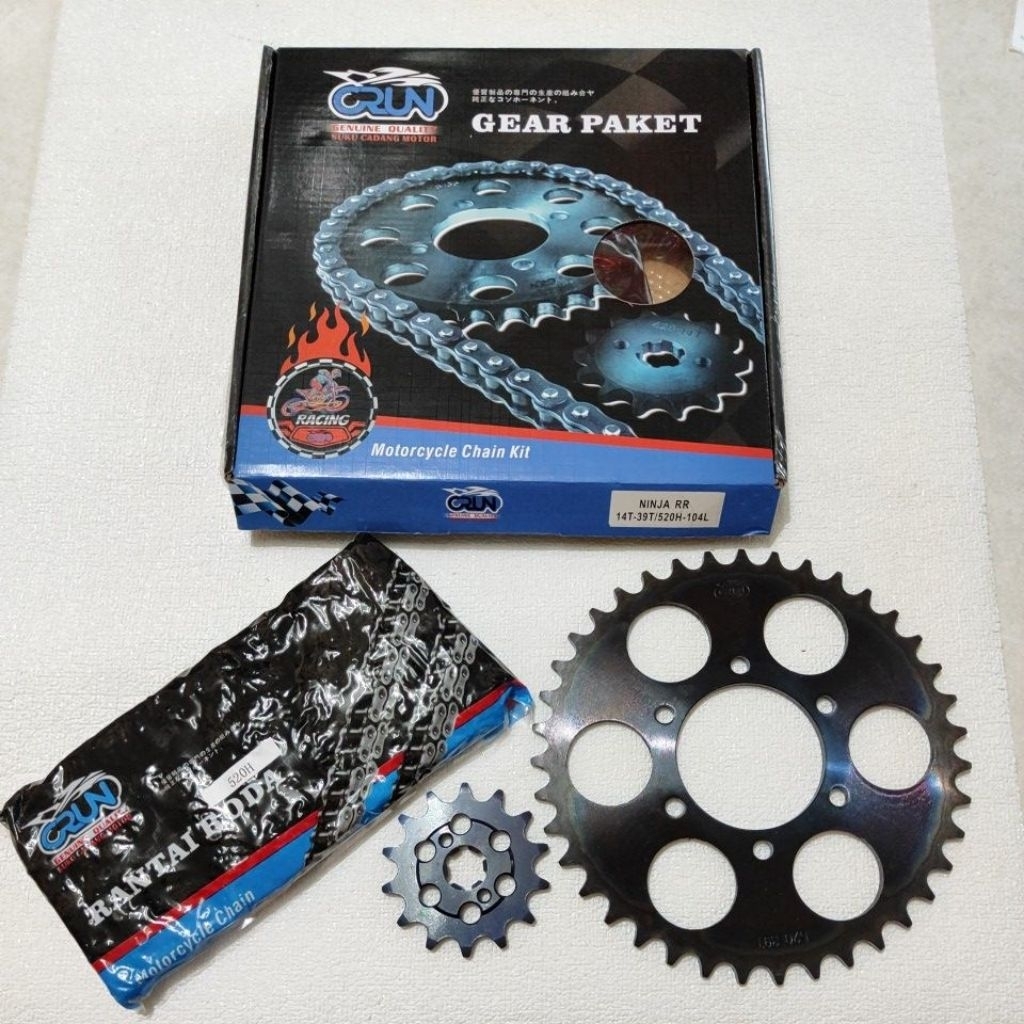 CRUN GEAR PAKET SET RACING NINJA RR [14T-39T/520H-104L] /NINJA 250RR /GIR SET + RANTAI RODA ORIGINAL