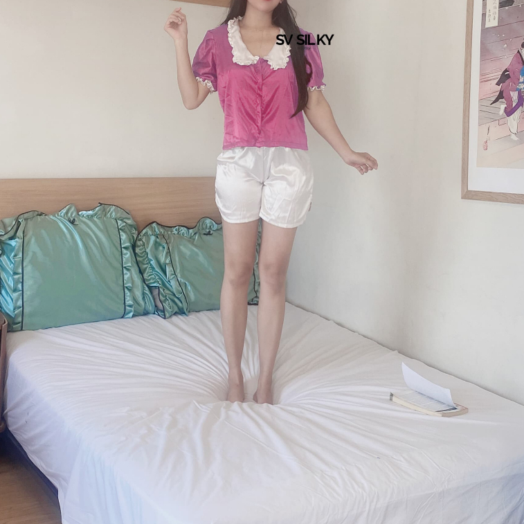 Malika Set Wanita Korea Lengan Pendek Celana Pendek Bahan Silky Premium Satin Korea - Setelan Korea 