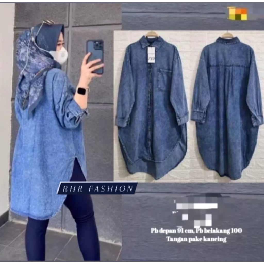 Baju Tunik Wanita - Long Tunik Jeans - Kemeja Jeans Wanita Oversize