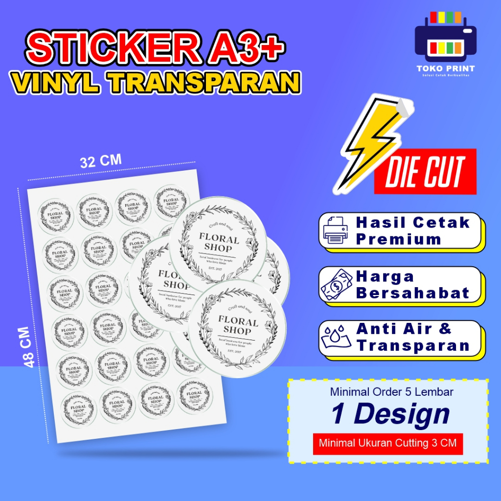 

Cetak Stiker Vinyl Transparan Diecut Anti Air | Print Sticker Waterproof Custom