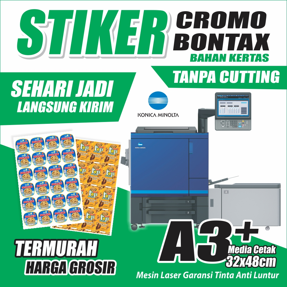 

Stiker Bontak / Cromo, Label Kemasan Makanan Minuman (A3+) 32x48cm (TANPA CUTING)