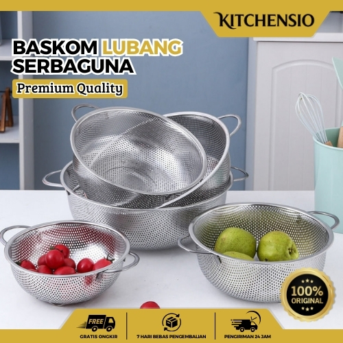 Kitchensio - Baskom Lubang Sayur Bakul Stainless Wadah Cuci Sayur Saringan Stainless Steel