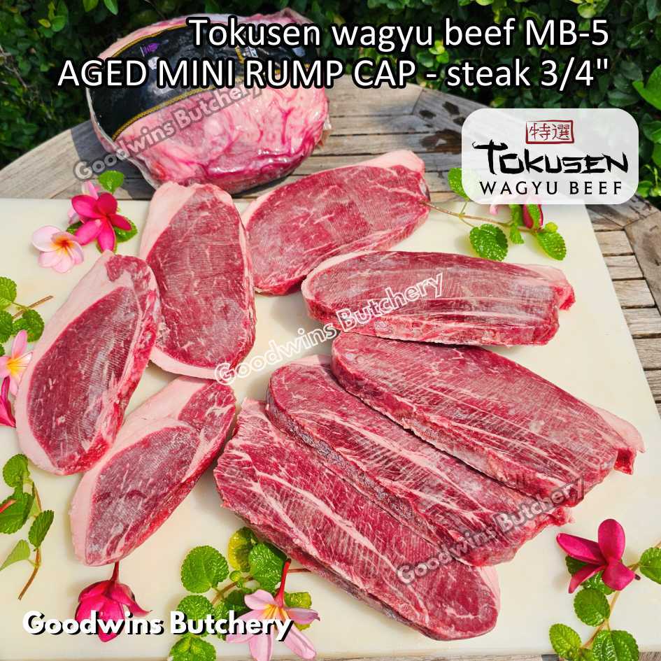 

Beef Wagyu Tokusen 1.5kg MINI RUMP ROAST STEAK CUTS 2cm 3/4" marbling MBS-5 whole cut aged frozen