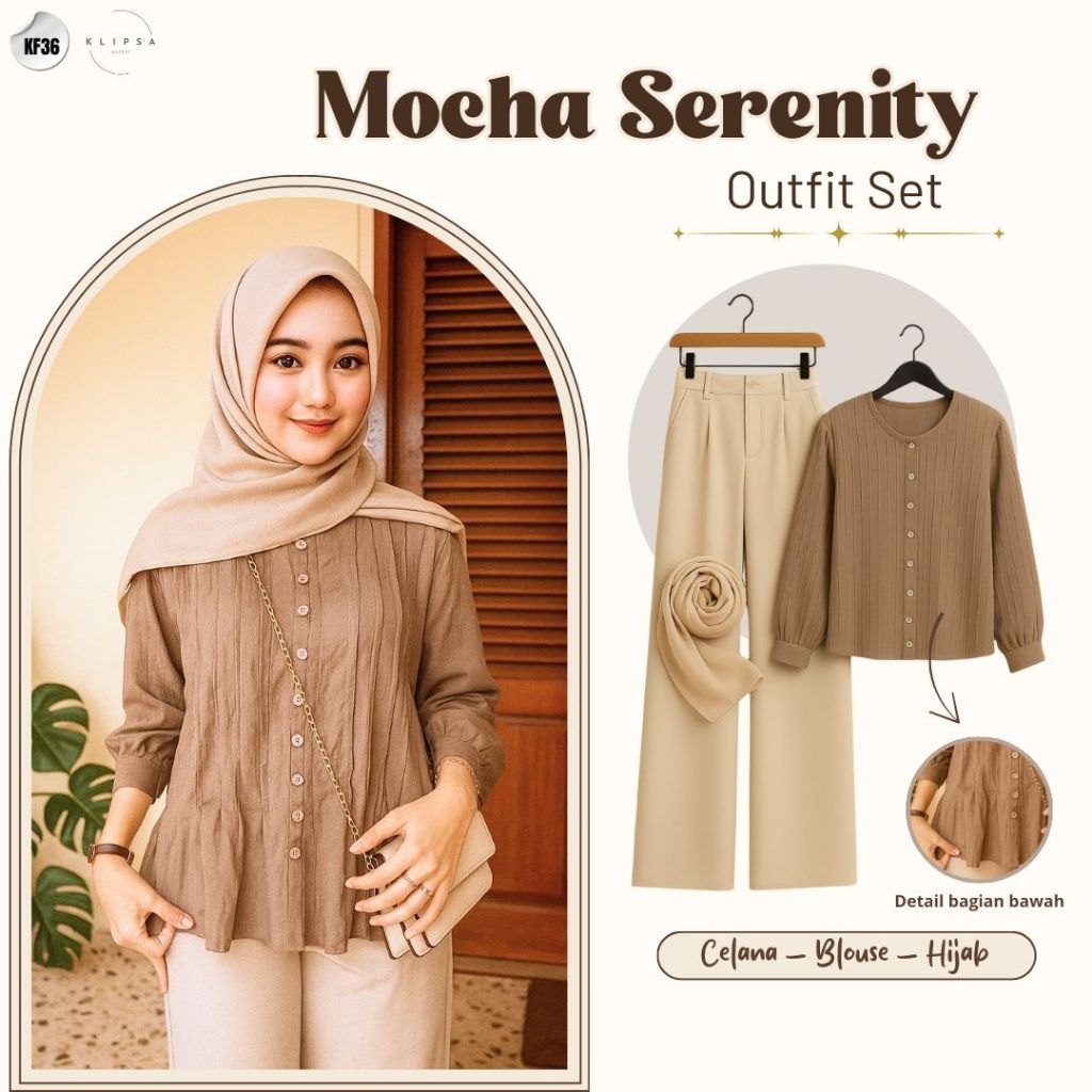 Klipsa Outfit - Mocha Serenity Outfit Set (Blouse, Hijab, Celana) OOTD Korean Style OOTD - KF36