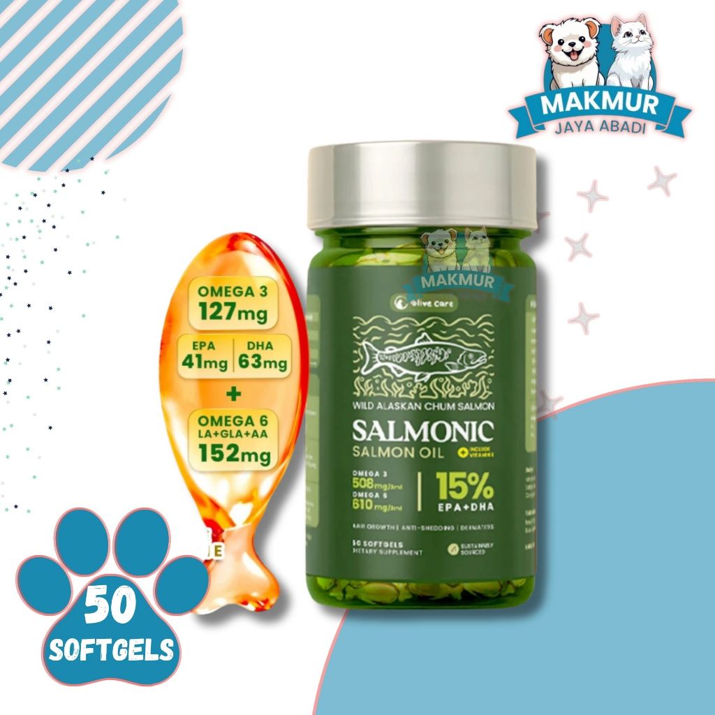 Olive Care Vitamin Minyak Ikan Kucing SALMONIC Murni & Alami Non-GMO Tinggi Omega 3 EPA DHA Omega 6 