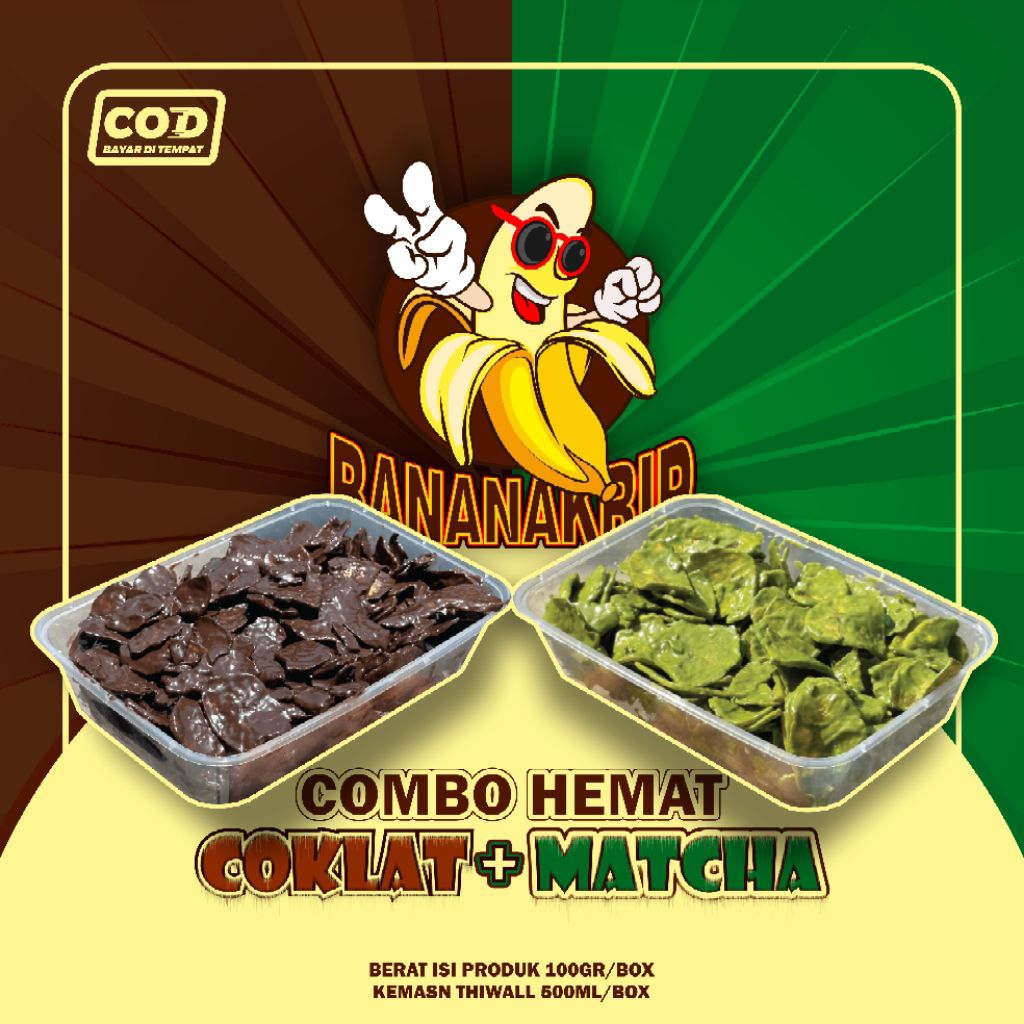 

Keripik Pisang Coklat & Matcha 500 ml | Bananakrip – 2 Varian Rasa dalam 1 Paket