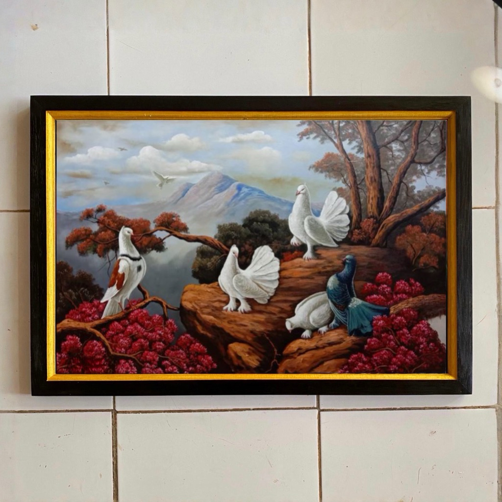 hiasan dinding lukisan cetak gambar 5 burung merpati plus bingkai ukuran 65 x 45 cm