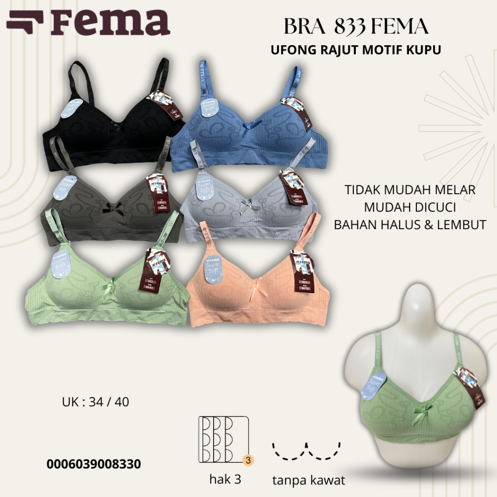 FEMA Official Shop Ecer 1 pcs Bra FEMA 833 Rajut BH kait 3 Cup kecil