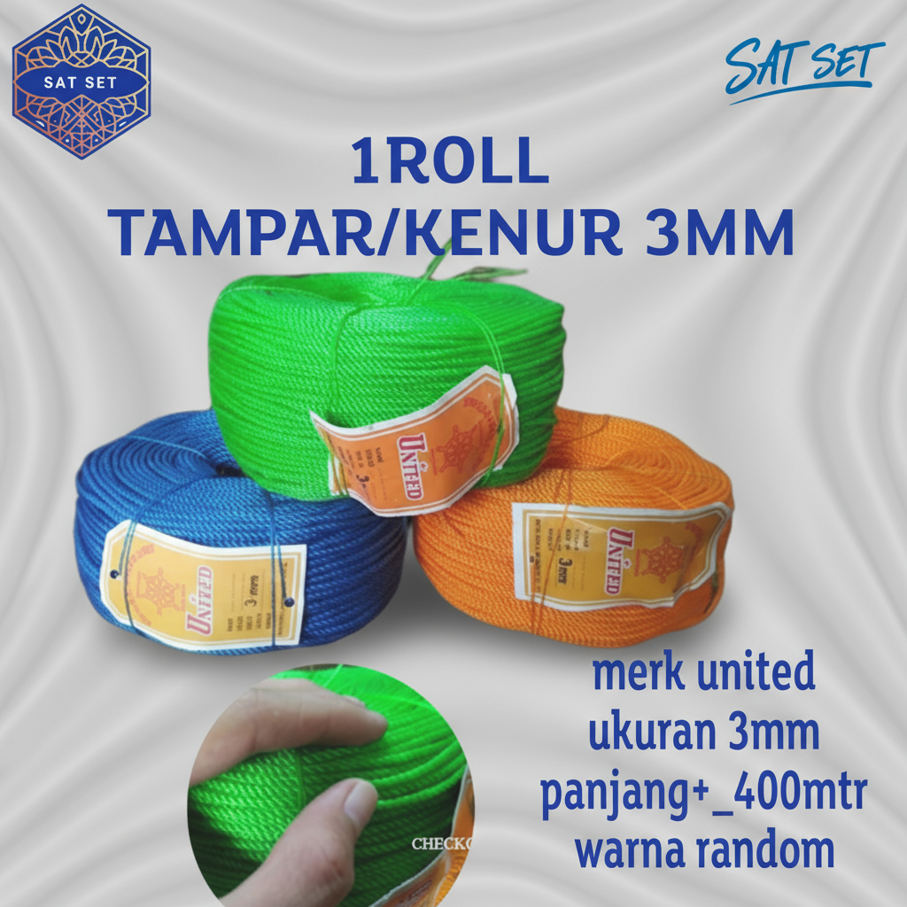 1 ROLL TALI TAMPAR 3MM KENUR 3MM UNITED/TALI TAMBANG 3MM UNITED/ TALI KERET 3MM/ TALI TAMPAR 3MM