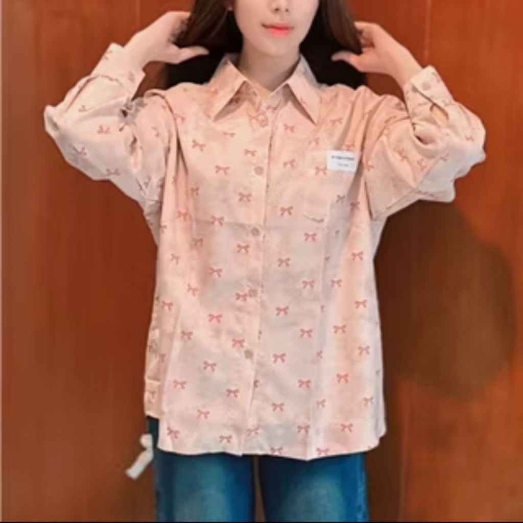 Kemeja Wanita Stripe dengan Bordir Pita Baju Atasan Casual Jeans Panjang Oversize Santai