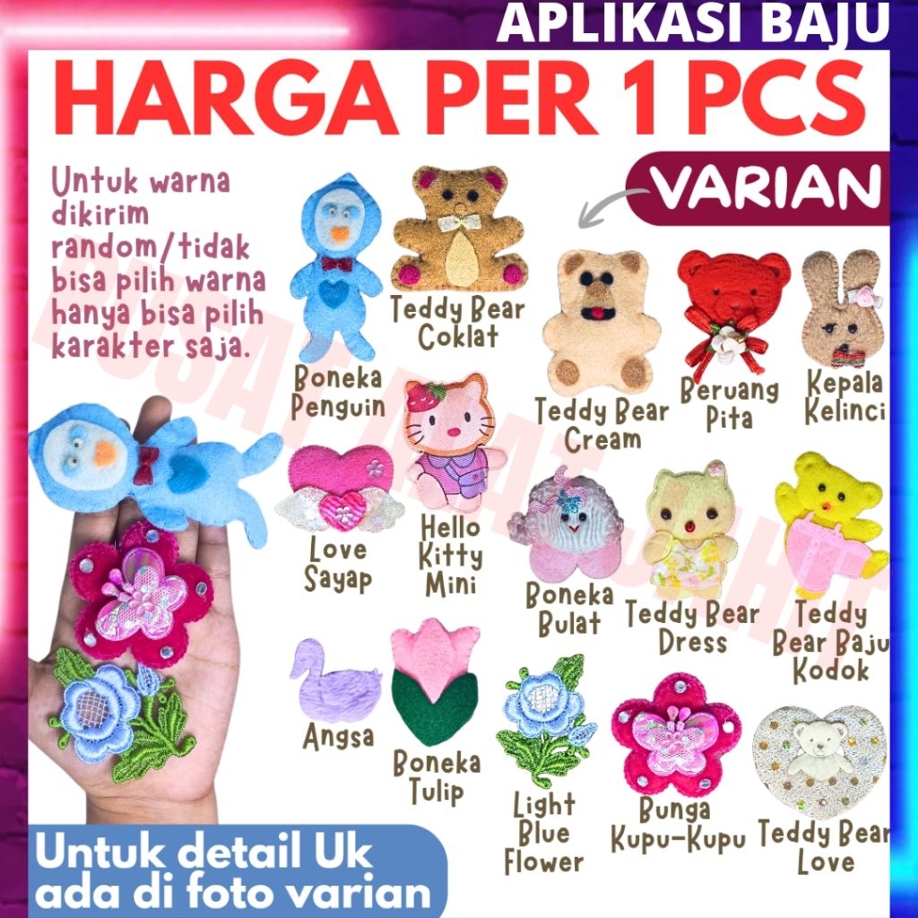 Patch aplikasi kain flanel boneka beruang pinguin bunga hati baju anak anak kecil lucu per 1 pcs