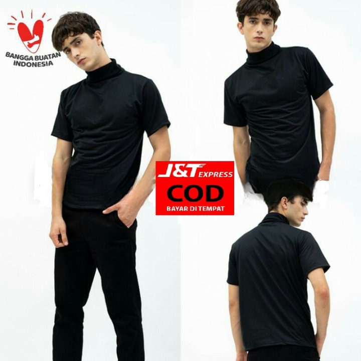 { BISA COD } BAJU KAOS TURTLENECK LENGAN PENDEK TURTLE NECK kaos leher tinggi pria korea POLOS HITAM
