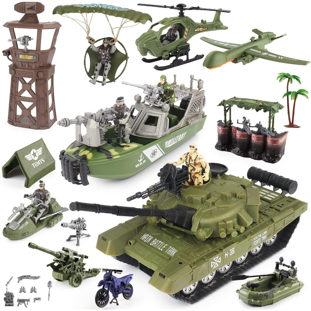 deAO Military Vehicles Toy Set Combat Boat,Helicopter,Tank Toy,with 5 Army Men Figures