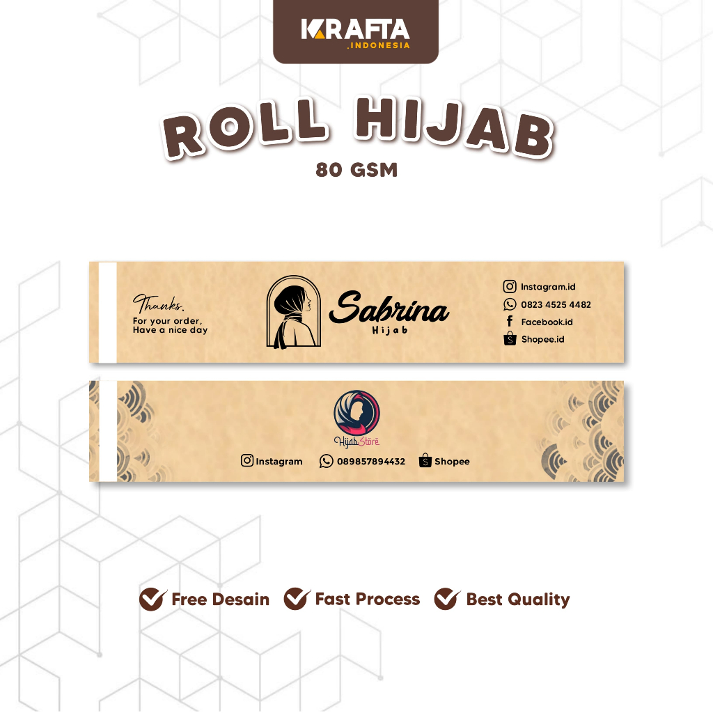 

Roll Hijab / Label Pengikat Hijab / Roll Souvenir Custom - Kertas Kraft 80 gsm