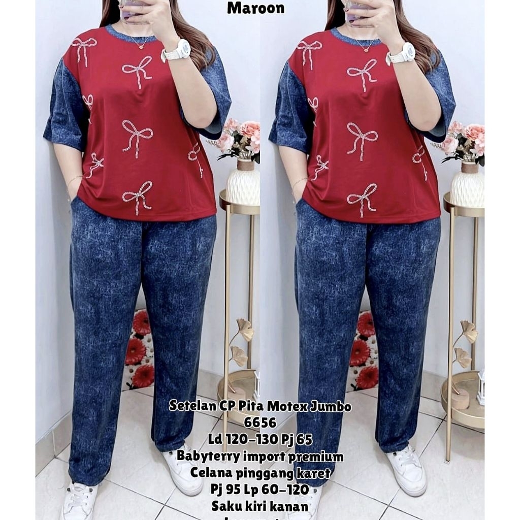 Setelan Wanita Panjang Jumbo Motex Baju LD 120 Celana Pinggang Karet LP 60-120 Bahan Babyterry Impor