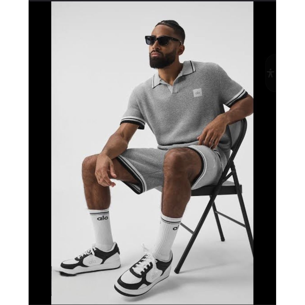 ALO Sport Club Sweater Knit Polo Athletic Heather Grey pria size L