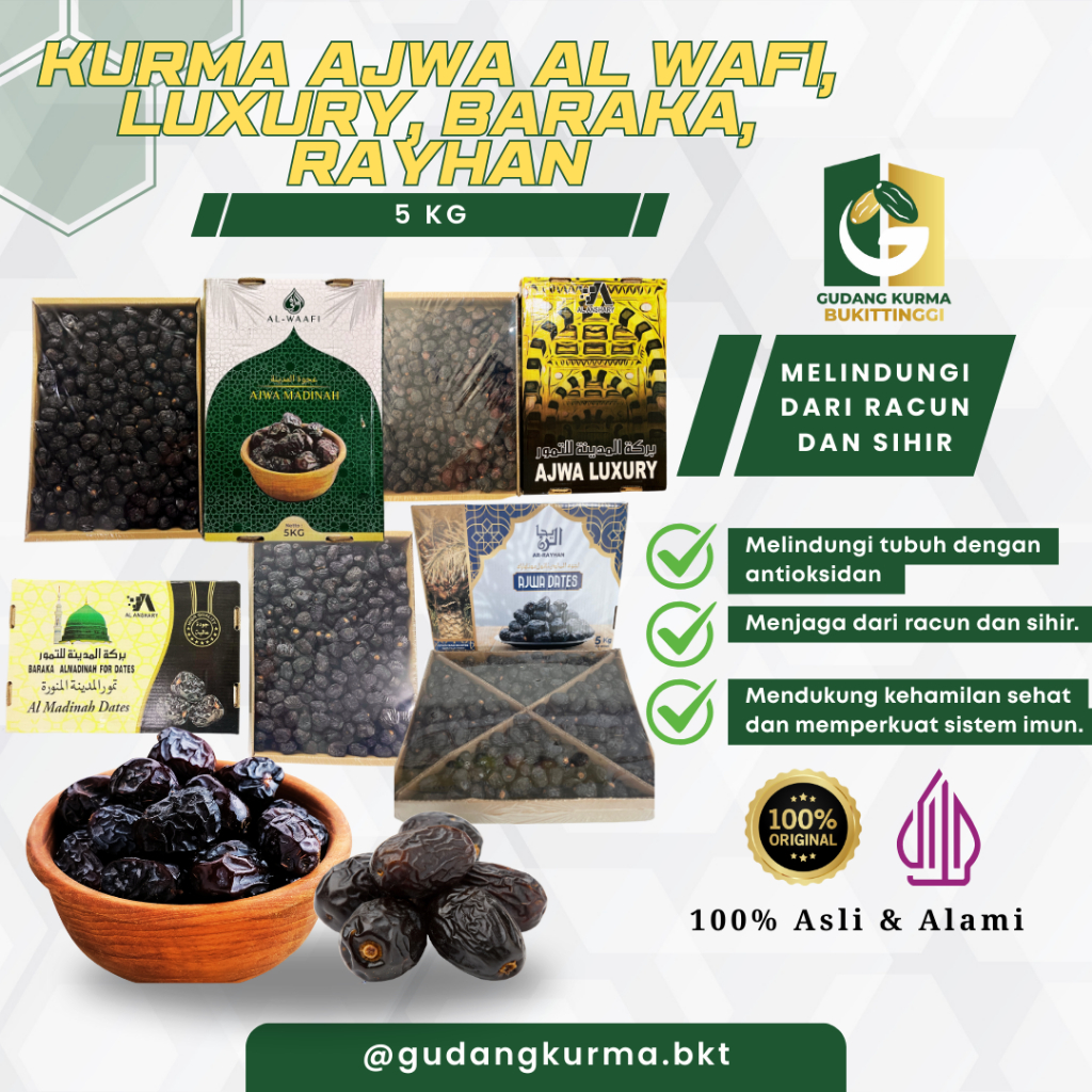 

Kurma Ajwa 5kg – Asli Original Organik Madinah Premium | Luxury, Al Waafi, Baraka, Rayhan