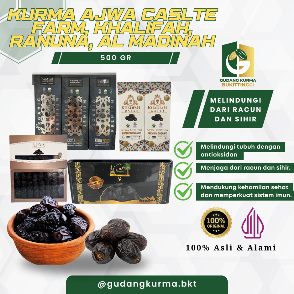 

Kurma Ajwa 500gr - Asli Orginal Madinah Premium Organik | Castle Farm, Ranuna, Khalifah, Al-Madinah