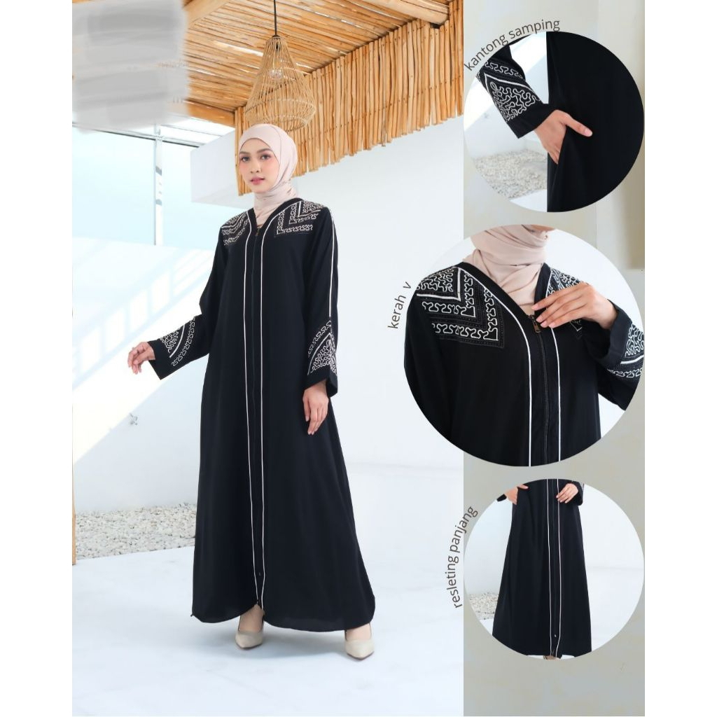 GAMIS ABAYA TURKEY BORDIR JETBLACK WOLPEACH BELLA