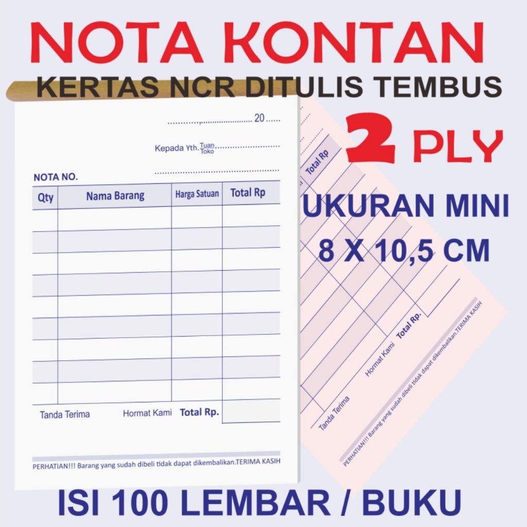 

nota kontan 2 ply .isi 100/buku .( putih 50 + pink 50 )ukuran mini 8 x 10,5 cm.Readystock