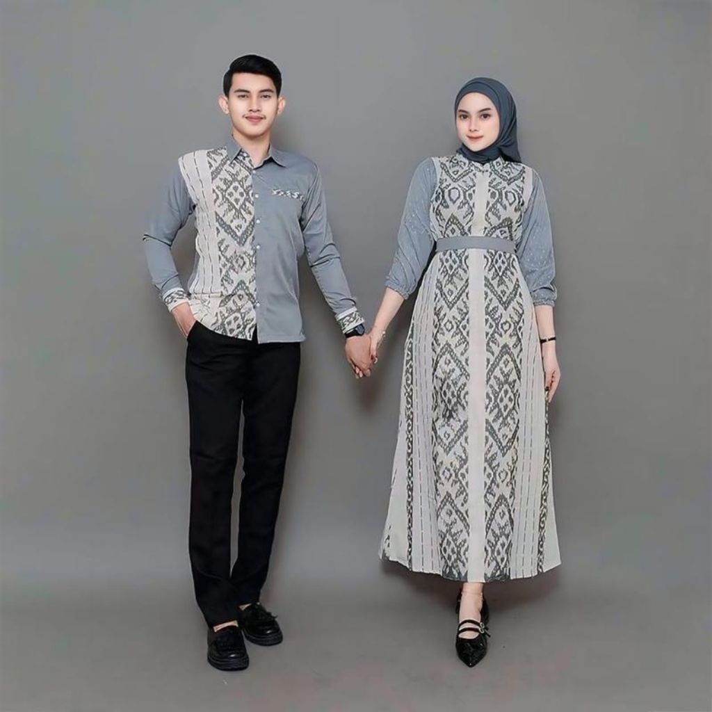 COUPLE TENUN SANDRINA MOTIF PADMA/ BAJU TENUN KEMEJA & GAMIS TENUN ETNIK CRAFT KOMBINASI POLOS TOYOB