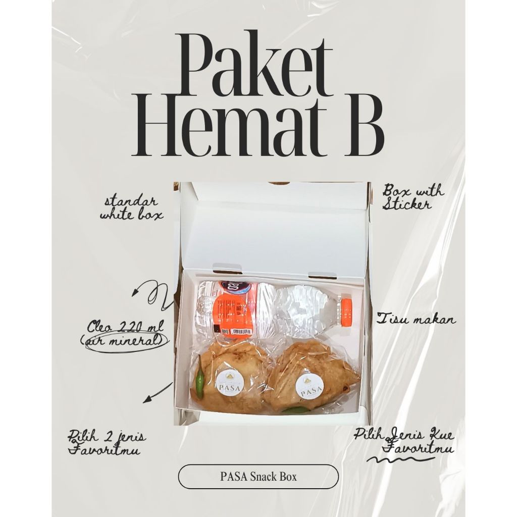 

Paket Snack Box Hemat B - 2 jenis Kue, 1 Air mineral & Tisu Makan