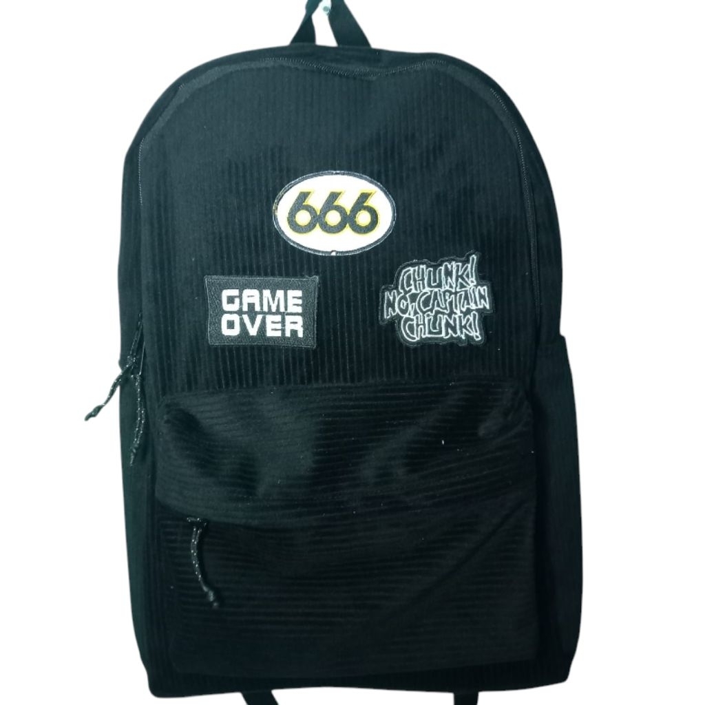 Tas corduroy hitam pria wanita dengan patch bordir keren/Tas ransel tulisan keren cocok dipakai seko
