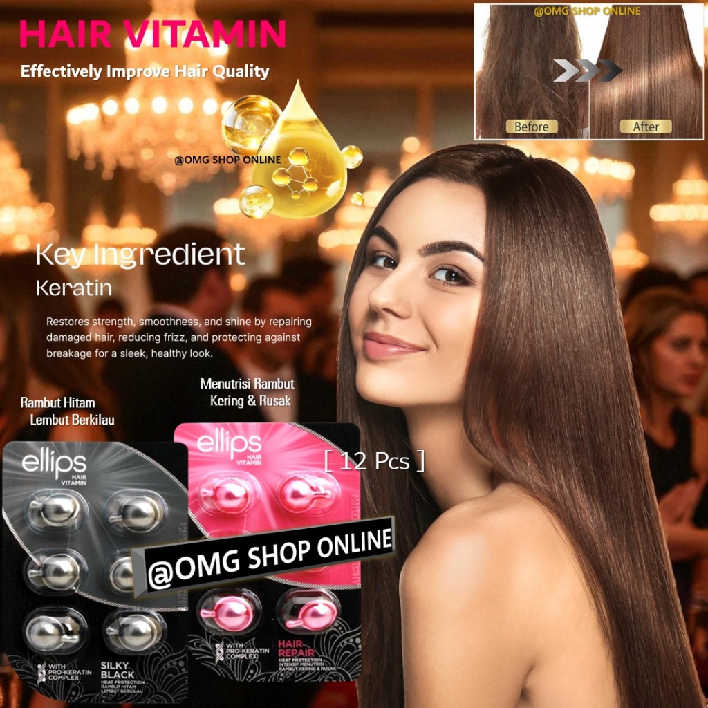 Isi 12 Kapsul Ellips Vitamin Rambut Rontok dan Kering Pink & Hitam BPOM & Halal / Serum Rambut Hair 