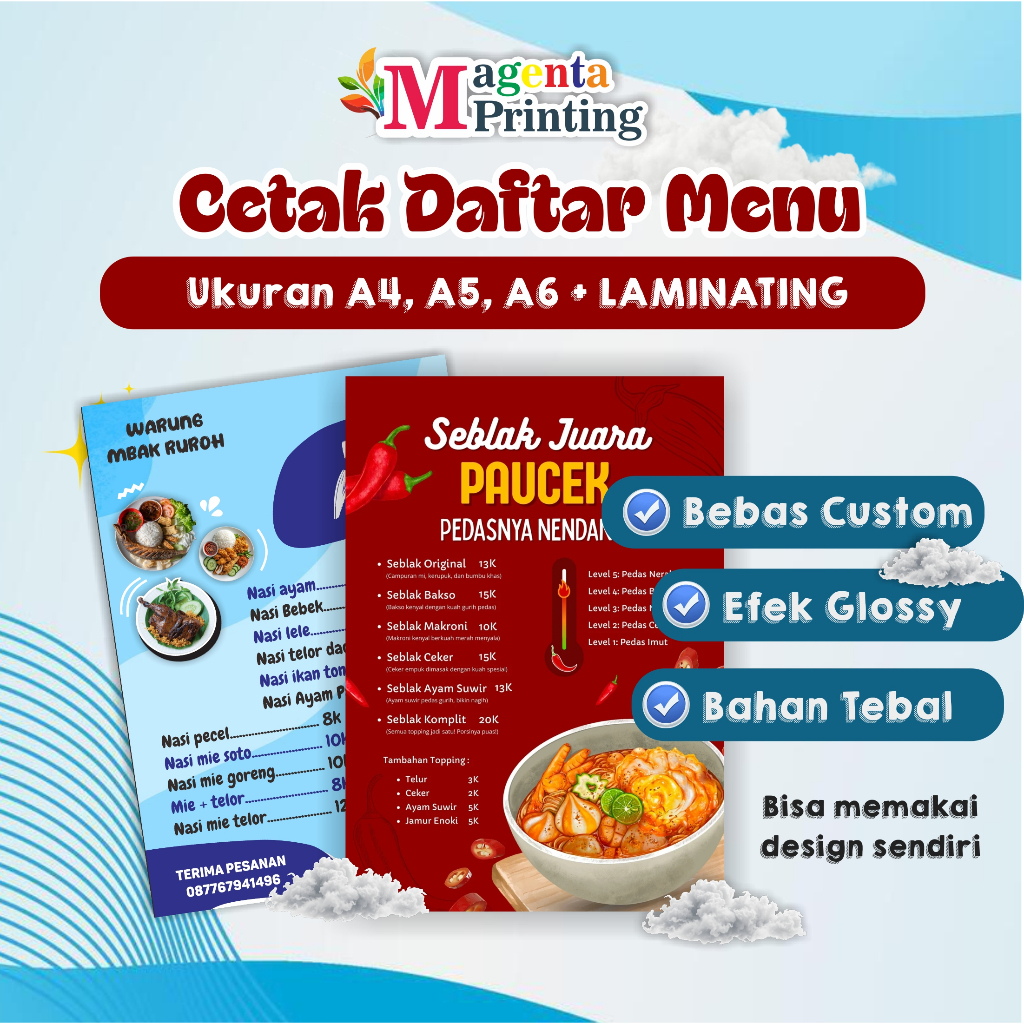 

CETAK DAFTAR MENU MAKANAN, MINUMAN, COFFEE LAMINATING CUSTOM DESIGN UKURAN A4,A5,A6