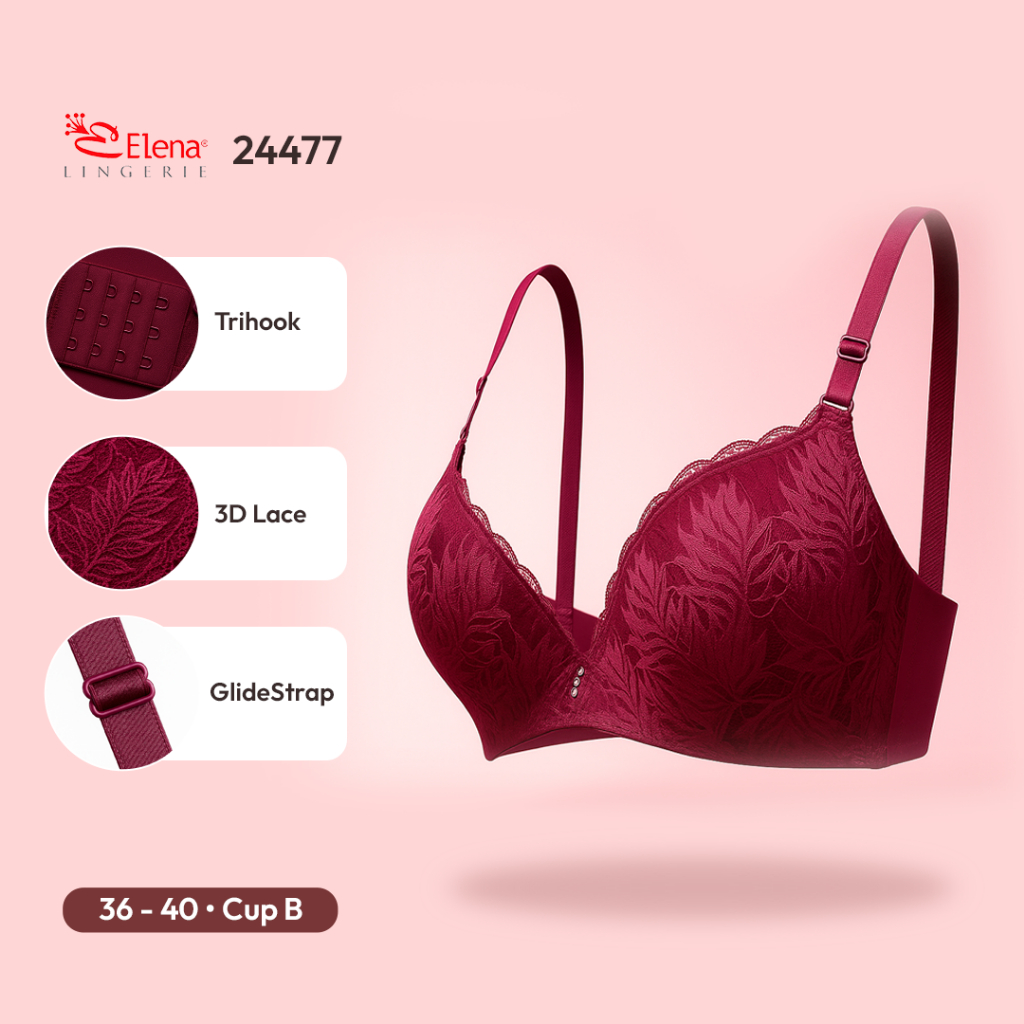 Elena Wired Bra BH Kawat Kait 3 Busa Tipis 24477 - Renda Brokat 3/4 Cup Lembut Nyaman 34B-40B