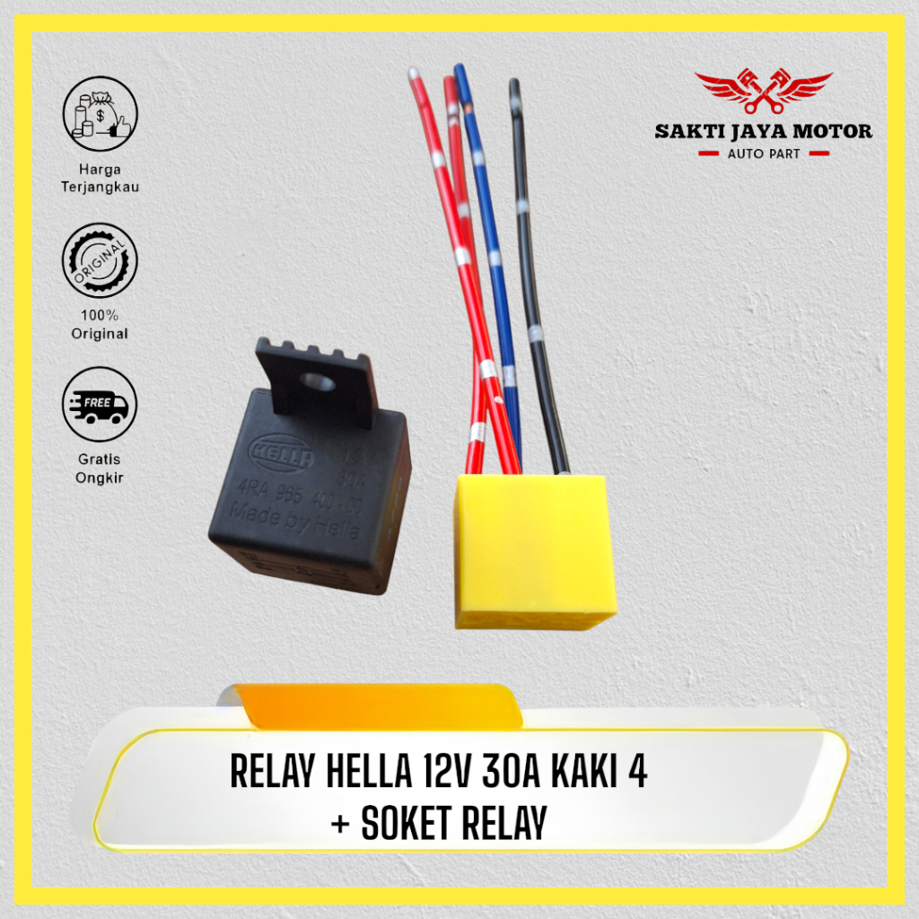 RELAY HELLA 12V 30A KAKI 4 + SOKET RELAY