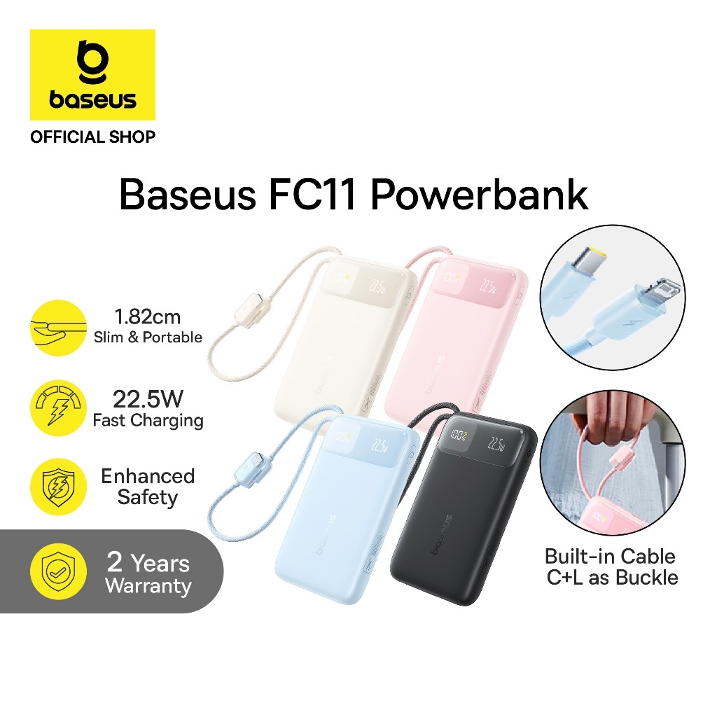 Baseus EnerFill FC11 10000mAh 22.5W Fast Charging Power Bank with Built-in Type- C + Lightning Cables and Digital Display With CCC