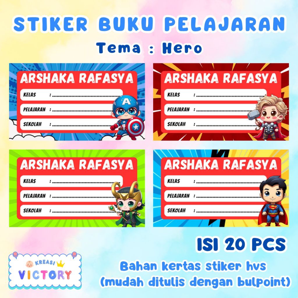 Stiker Label Buku Anak Tema Hero/Custom Nama/Stiker Label Buku Tulis/Stiker Label Buku Belajaran/Sti