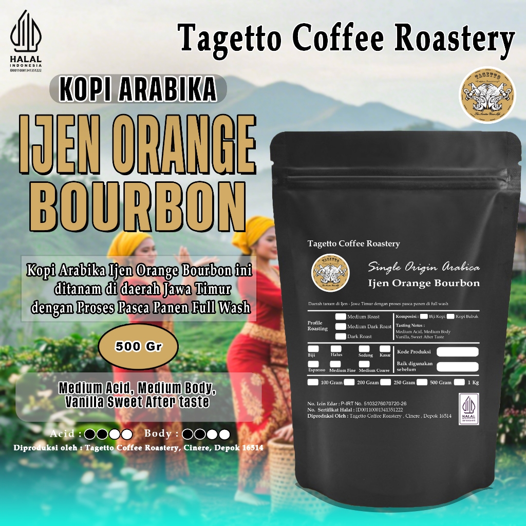 

KOPI ARABIKA IJEN ORANGE BOURBON 500GR | ARABICA BEAN GROUND BIJI BUBUK 500 GRAM TAGETTO COFFEE ROASTERY