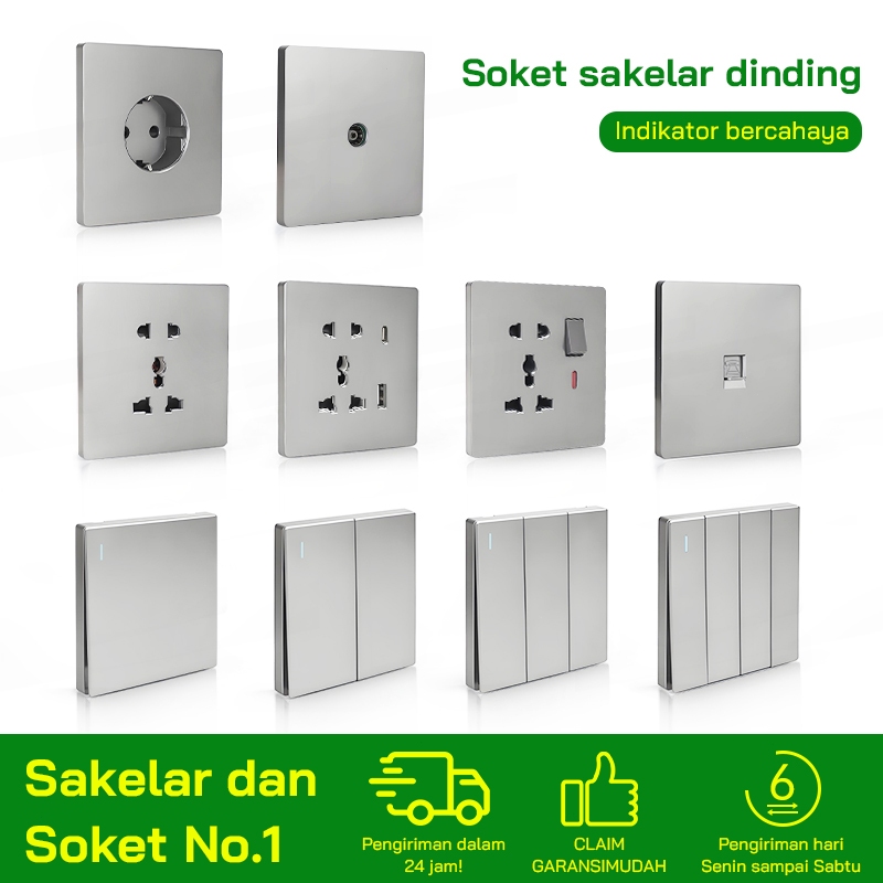 SAKLAR Cetekan Listrik/Stop Kontak Lampu/Soket Sakelar Lampu Sakelar Dinding Abu-abu
