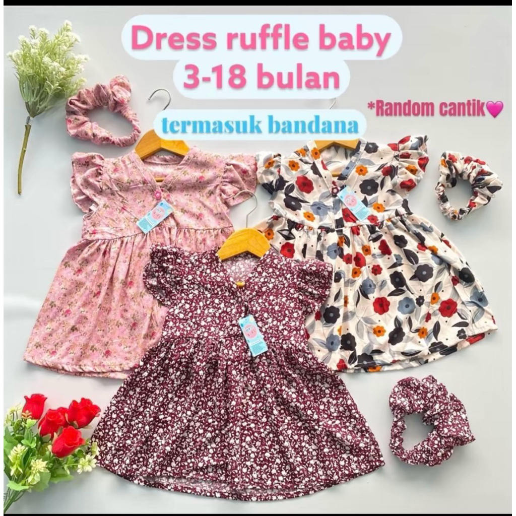 DRESS BAYI 3 PCS SET BANDANA SRUNCHIE BAHAN RAYON ADEM NYAMAN MOTIF LUCU USIA 3-18 BULAN DASTER BAJU