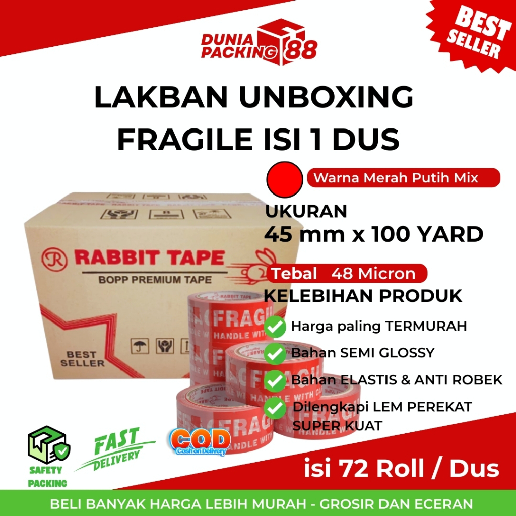 

[DUS] Lakban Unboxing Fragile Mix 45 x 100 Yard JUMBO RABBIT [Dunia PAcking88]