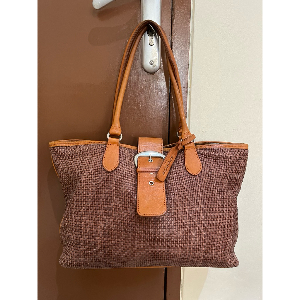 Tas Preloved Tote Bag Anyaman Aporon Kulit Asli